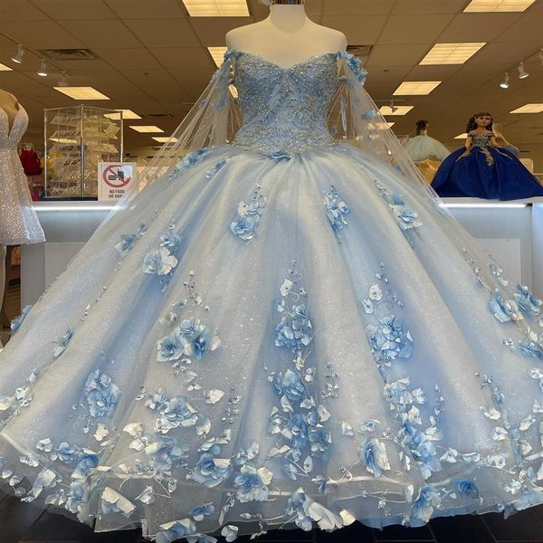 Vestidos de quinceanera azul claro com alça 2022 para doce festa de 15 anos moda 3D flor rendado apliques luxo princesa vestidos de aniversário Quince2610