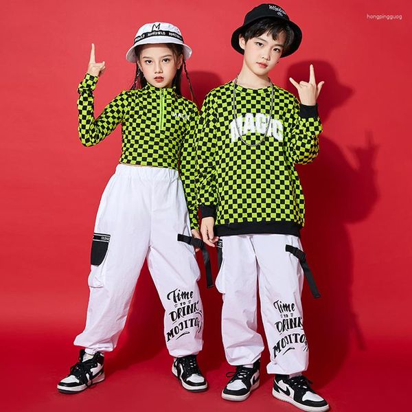 Vestuário de palco para crianças Jazz Traje de dança de rua Verde Tops Hip Hop Calças Meninos Roupas Mangas compridas Meninas Performance Rave Roupas 3992
