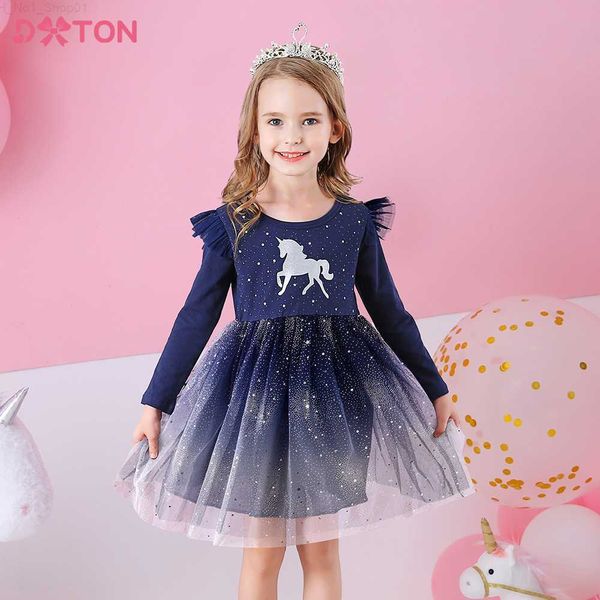 Пуловер Dxton Girls 'Платье Unicorn Clothing с длинным рукавом детское платье 2023 Платье для вечеринки по случаю дня рождения девочки Детская хлопчатобумажная одежда Z230724