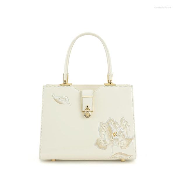 Abendtaschen Handtasche für Frauen Elegante weiße Blumen bestickt chinesischer Stil Rindsleder Umhängetasche 2023 Damen Totes Tasche Cheongsam Mutter