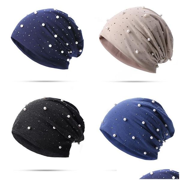 Beanie/Kafatası Kapakları Sonbahar Bahar Yumuşak Pamuklu Beanie Şapkalar Kadın Kızlar İnci Rhinestones Sıcak Sklies Kentsel Bonnet Şapka Kadın Bayanlar Hediye Dr