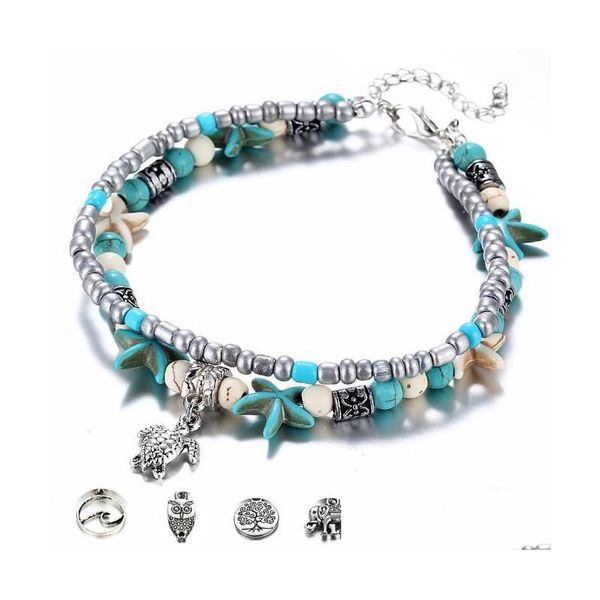 Cavigliere Bohemian Starfish Turtle per le donne Elephant Owl Wave Charm Beads Stone Chain Bracciale alla caviglia sulla gamba Beach Jewelry Drop Delivery Dhluf