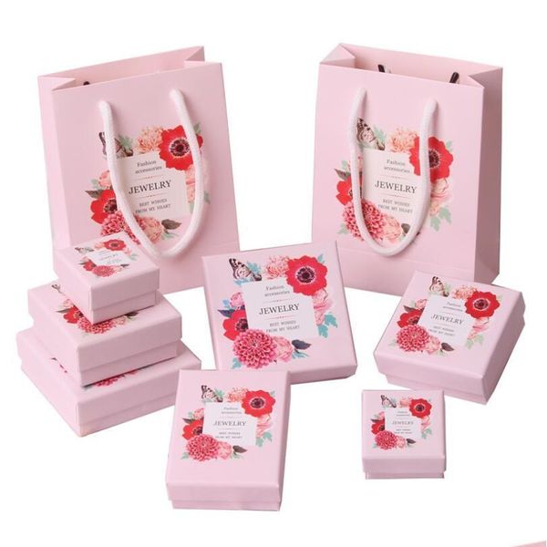 Caixas de joias Colar com estampa floral Brincos Anel de noivado Pulseira Exibição Caixa de presente Rosa Azul Embalagem Organizador Drop Delivery