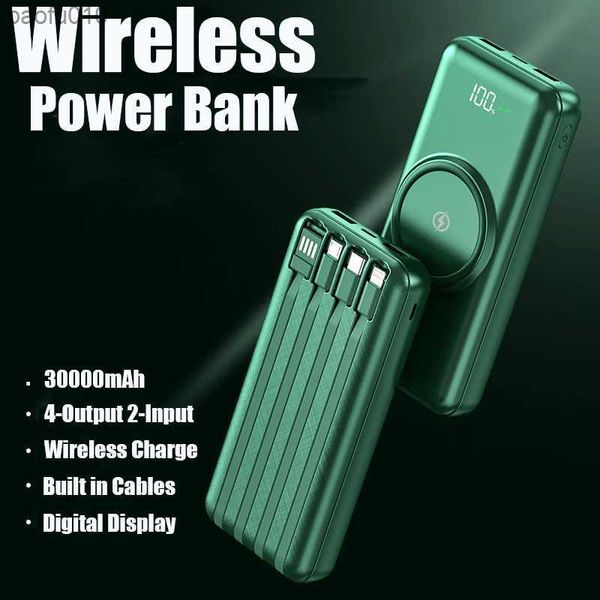 Power Bank 30000mAh Wireless Fast Charger Portable Charger Built Cables 4USB Digital Display Battery Auxiliary for iPhone MI L230619