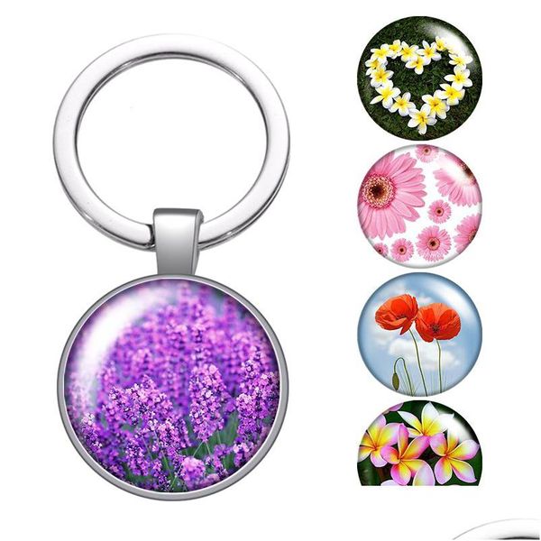 Schlüsselanhänger Lanyards Blumen Lavendel Gänseblümchen Plumeria Glas Cabochon Schlüsselbund Tasche Auto Schlüsselanhänger Ringhalter Charms Sier Für Männer Frauen G Dhdn6