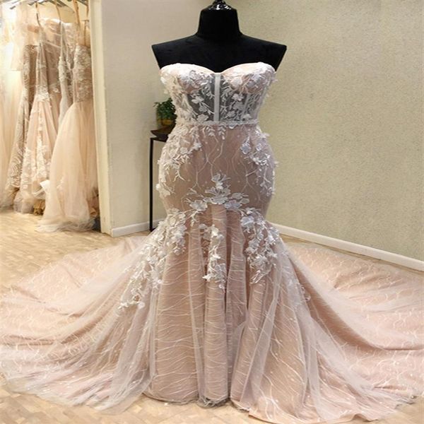 Fantástico vestido de noiva sereia de imagem real transparente novo vestido de noiva champanhe applique tule feito sob encomenda lindo Sweethe212r