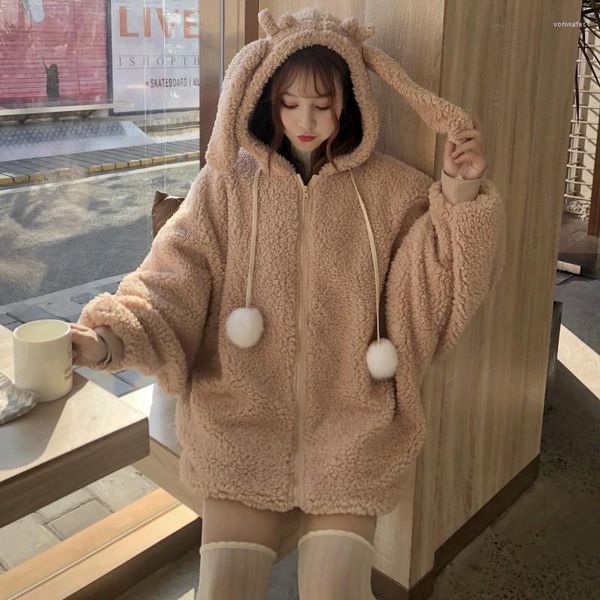 Damen Hoodies Elegante Kunstfell-Kapuzenjacke Herbst Winter Warmer weicher Reißverschlussmantel Frauen Taschenohren Plüsch-Sweatshirt Koreanisch