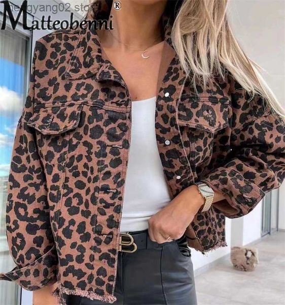 Женские куртки осень Новый леопардовый припечаток джинсовой куртки женская однобортная кардигановая лацкановая пальто женское повседневное пригородная пассажир