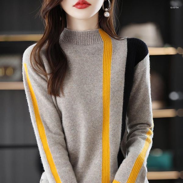 Kadın Sweaters Merino Yün Sweater Bayanlar Yarım Belvek Kazak Üst Sonbahar /Kış Moda Renkli Çizgili Örgü Dip Gömlek