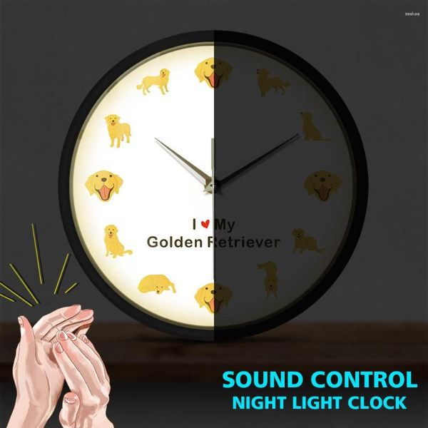 Wanduhren Golden Retriever Cartoon Hund Haustier Sound aktiviert Licht emittierende Uhr Gundog Sprachsteuerung Uhr LED-Lampe