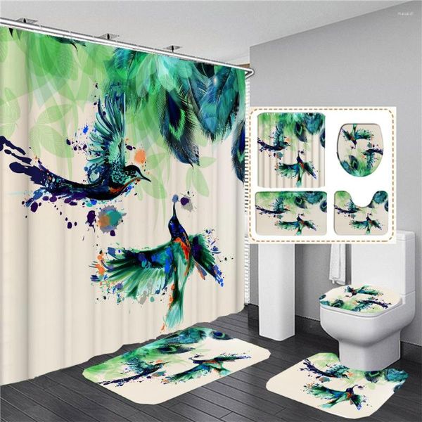 Duschvorhänge Bunte Vögel Druck Vorhang mit Haken Set Einfache INS Badezimmer Anti-Rutsch-Badematte Teppiche Teppiche Heimdekoration