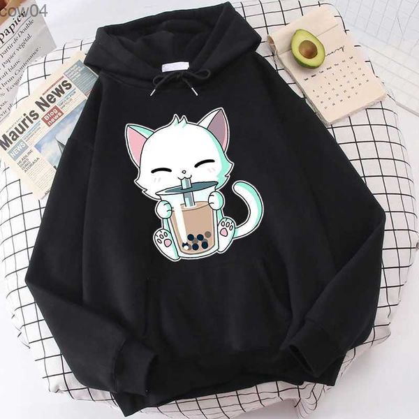 Hayvanlar Boba Tea Hoodie Sevimli Kedi Kapüşonlu Sweatshirt Harajuku Hoodies Kids Kaii Kazak Üstleri Günlük Kapüşonlu Kadın Giysileri Ceketleri L230625