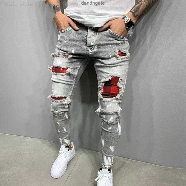 Jeans Masculino Slim-Fit Rasgado com Patch Pintado Calça Mendigo Jumbo Lápis Masculino Hip Hop Drop YHRX L230724