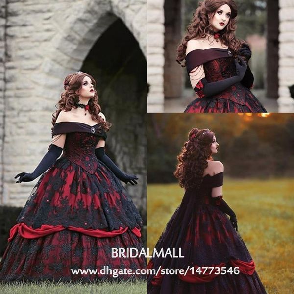 Gótico Belle Vermelho Preto Renda Vestido de Baile Vestidos de Noiva Vintage Espartilho com Cadarço Steampunk Bela Adormecida Ombro Fora Tamanho Grande Brid217V