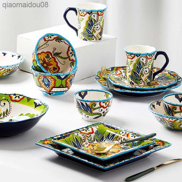 Piatto di ceramica dipinto a mano creativo europeo Home Fashion Piatto di cibo occidentale irregolare Set di piatti per la casa Regalo di inaugurazione della casa Stoviglie L230704