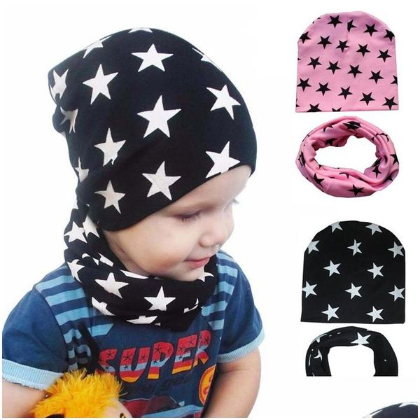 Beanie/Kafatası Kapakları Bebek Şapka Eşarp Set Soyu Renk Kapağı Erkek Kızlar Pamuk Çocuklar Beanie Yıldız Baskılı Çocuk Eşarp Kış Bahar 3 Dhlpa