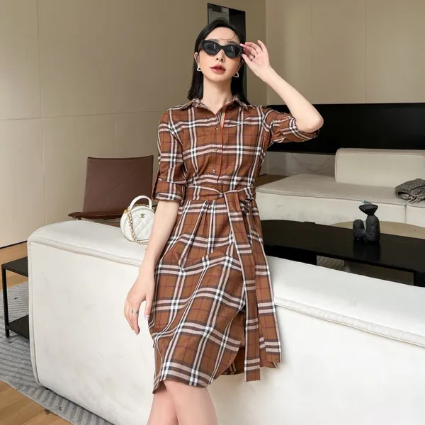 Vestido xadrez feminino de alta qualidade verão nova saia de manga comprida saia xadrez de algodão saia feminina de comprimento médio