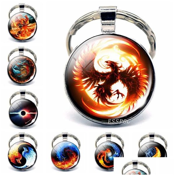 Chaveiros Lanyards Phoenix Chaveiro Steampunk Yin Yang Jóias Vidro Cabochão Chaveiro Metal Acessórios de Moda Para Homens Mulheres Valent Dhvxw