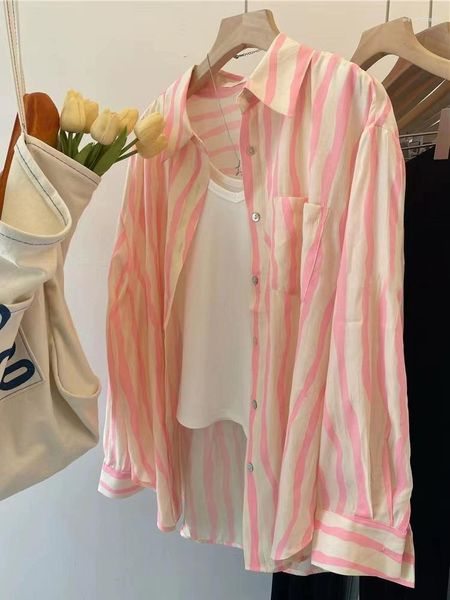 Женские блузки Официальная картинка розовая полосатая защита солнца женская рубашка весна лето осень тонкие французские шикарные топы кардигана капля