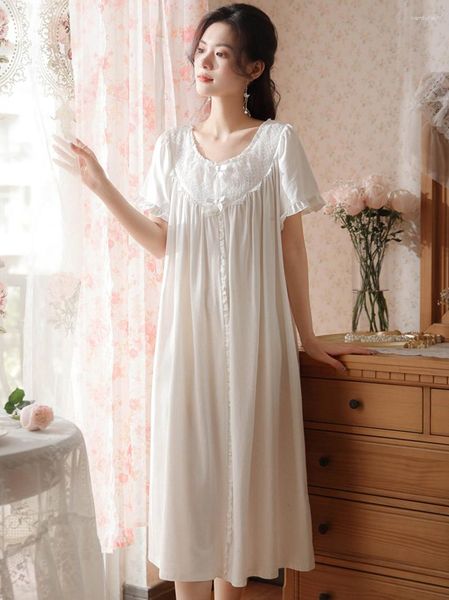 Pijama Feminino Branco Feminino Verão Algodão Puro Manga Curta Babados Camisola Vitoriana Vintage Princesa Vestido de Renda Fada Senhoras