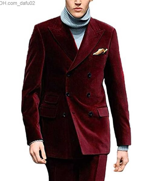 Fatos de Treino Masculino Fato de homem de veludo vermelho e verde lapela plana top duplo Fraque fato super slim fit 2PÇS Blazer Noivo Calças Terno Masuclino Z230724