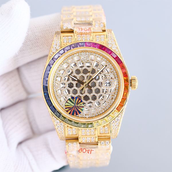 Diamante arco -íris masculino Hollow Mechanical Montre de Luxe Aço Anterior Strap Fashion Watch Awatch impermeabilizado 41mm 41mm