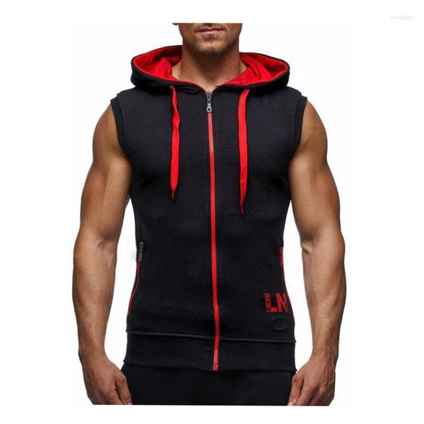 Moletons masculinos que vendem design esportivo casual Cardigã com capuz Contraste Colete sem mangas com zíper para homens