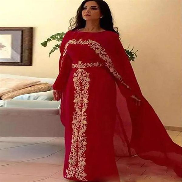 Dubai-Kaftan-Chiffon-Rot-Abendkleid mit langen Ärmeln und Spitzenapplikationen, Umhang, Abendkleid, Abaya, muslimischer langer Abschlussball, Part278q