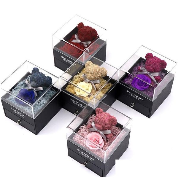 Schmuckschatullen Modedesign Damen Einfache Unfade Getrocknete Blumen Rand Rose Ring Box Ehe Frauen Geschenk Für Valentinstag 9X9X10 cm D Dh2Aq