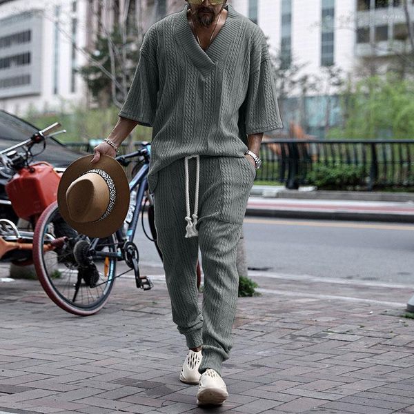 Erkek Trailtsits Streetwear Fashion 3/4 Kol V Yastık Gömlek Drawstring Pantolon Set Cepler Takip Erkek Giyim Katı Örme 2 adet takım elbise