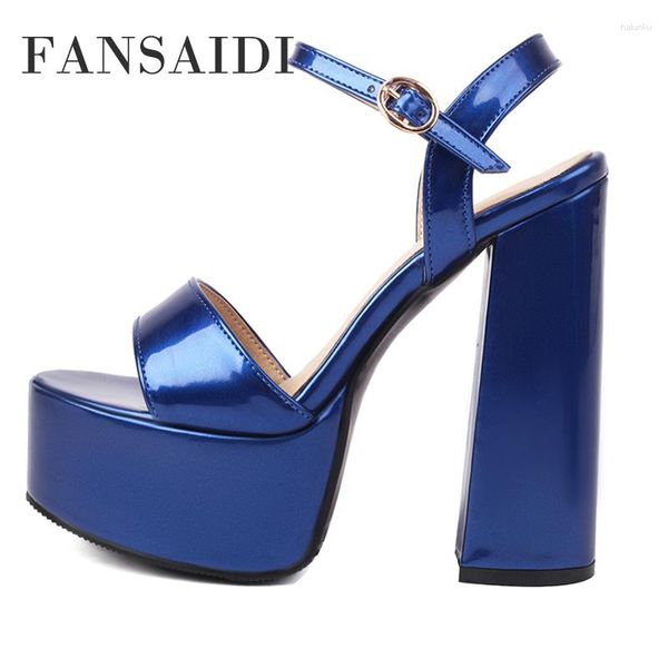 Sandálias FANSAIDI Sapatos Feminino 2023 Moda Verão Dedo Quadrado À Prova D' Água Plataforma Fivela Salto Grosso Vermelho Dourado Azul Marrom Sandálias40