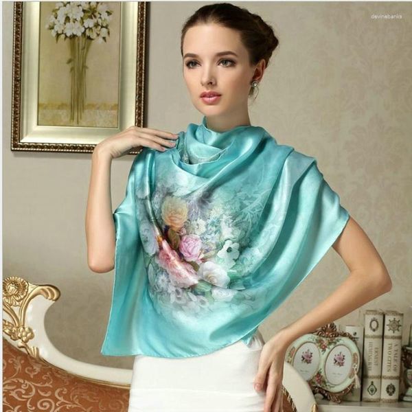 Schals Chinesische Naturseide Schal Frauen Seidige Lange Große Flora Gedruckt Foulard Femme Strand Cover-ups Bandanas
