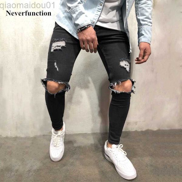 Erkek kot pantolon yüksek kaliteli streç erkekler diz yırtık skinny jeans kentsel giyim punk punk mavi siyah denim tasarımcı sıkıntılı joggers pantolon l230724