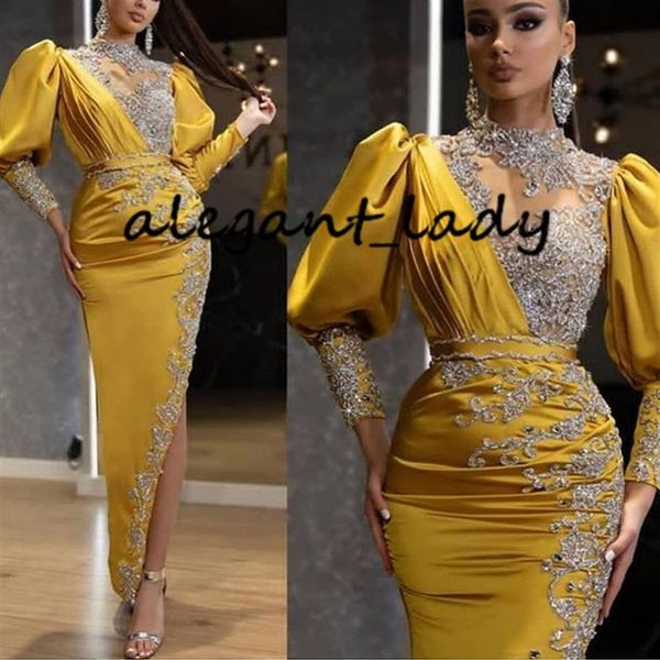 Ayak bileği uzunluğu Arap akşamı resmi elbiseler 2023 ışıltılı kristal boncuklu dantel yüksek boyun uzun kollu seksi yarık fırsat balo elbisesi262j