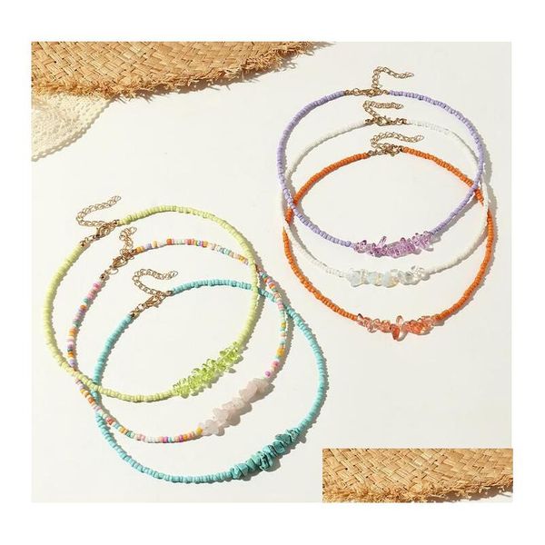 Colares com contas Colorf Seed Beads Chocker Boho Rainbow Bead Colar Natural Gemstone Turquesa Amethyst Stone Para Mulheres Verão Praia Dhqel