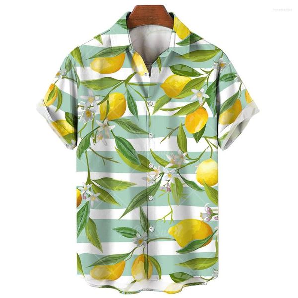 Camisas Casuais Masculinas Camisa Listras Horizontais Padrão de Frutas Design Havaiano Estampado Melancia Roupas Masculinas da Moda