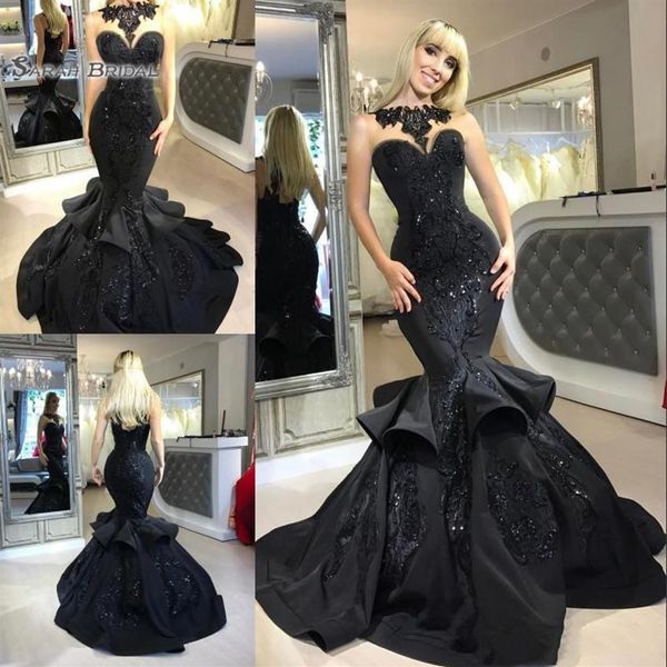 Vestidos de noite sereia longos pretos clássicos com babados em cascata e apliques em cascata vestidos de baile de formatura297I