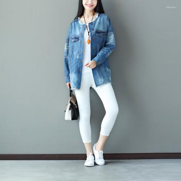 Jaquetas femininas Jaqueta jeans com borla Personalidade Jeans lavados com furos Mulheres soltas plus size Casaco coreano Bomber Vintage Tide Coats E