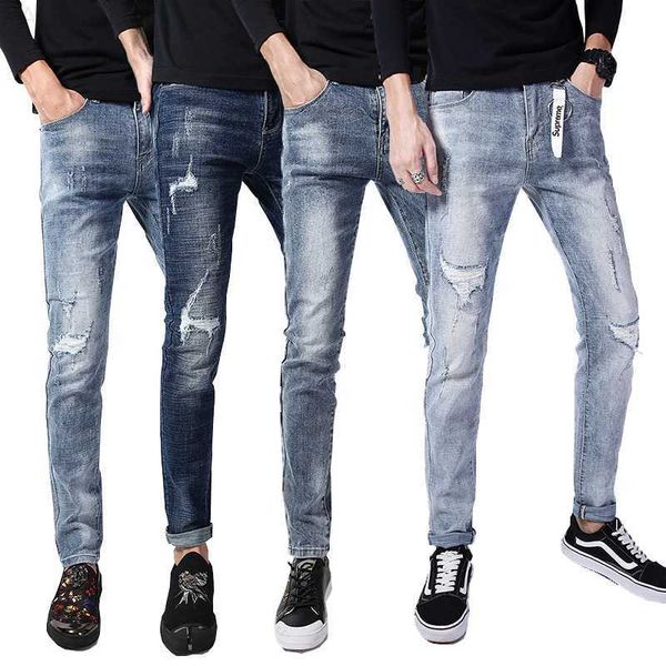 Jeans Masculino Moda Masculina Calças de Motociclista Justas de Ajuste Justo Jeans Lavados Calças Hiphop Tamanho Asiático L230724