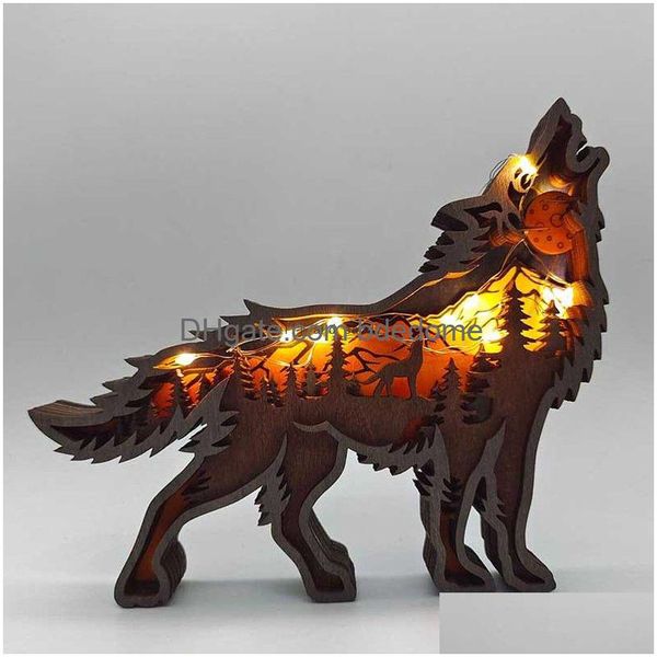 Altro Oggettistica per la casa 3D Lupo selvaggio Artigianato Taglio laser Legno Materiale Regalo Arte Artigianato Foresta Animale Decorazione della tavola Statue Ornamenti Camera Drop Dhfer