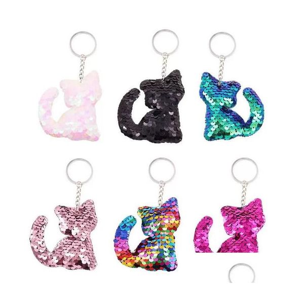 Chaveiros Gato Chaveiros Colorf Lantejoulas Glitter Titular Chaveiro Corrente Para Carro Bolsa Celular Bolsa Feminino Amuletos Drop Delivery Jóias Dhxr0