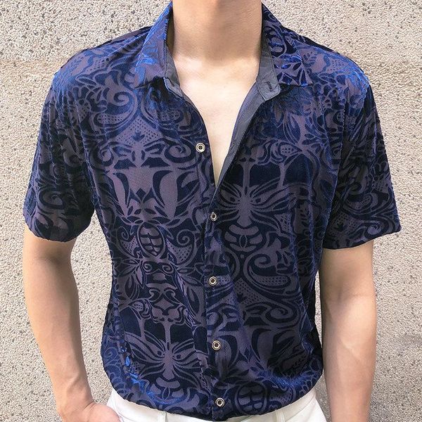 Camisas casuais masculinas camisa boate masculina sexy arte abstrata moda transparente preto azul top transparente elegante para