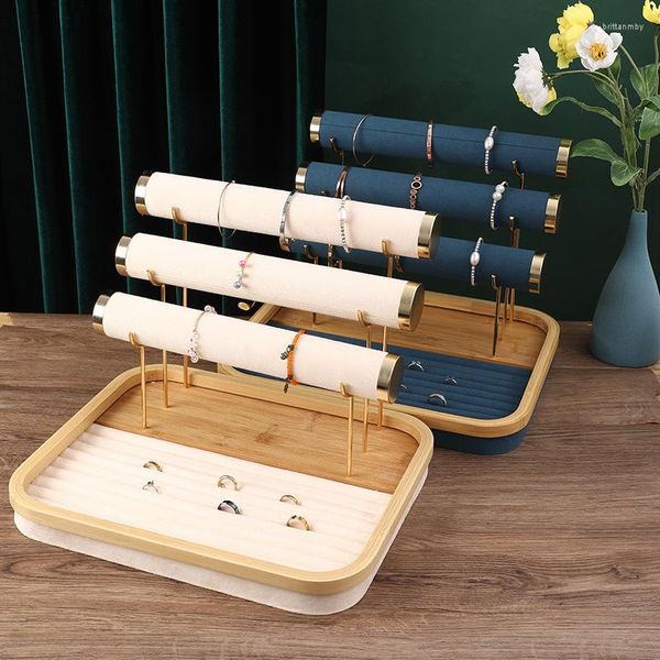 Bolsas de joalheria Bamboo e madeira multifuncional com suporte leve de luxo rack de armazenamento de luxo de três camadas de pulseira de três camadas