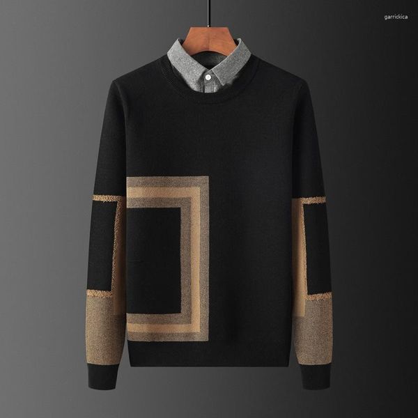 Herrenpullover Männer Mock Zweiteiliger Fleece-Pullover Herbst Winter Dickes Stricken Männliches Geometriemuster Revers Langarm Trendiger Pullover