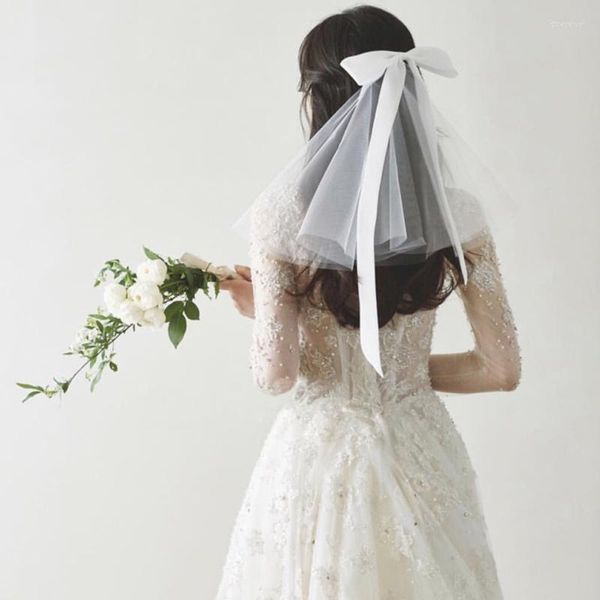 Véu de Noiva Branco Clássico Casamento Curto Tule Borda Noiva Casamento Véu na Altura dos Ombros com Laço de Fita de Cetim