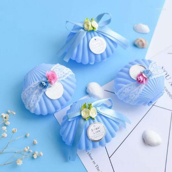 Confezione regalo 30 pezzi plastica bowknot pizzo conchiglia blu bomboniere bomboniere bomboniere cioccolato bomboniera scatola regalo per ospiti