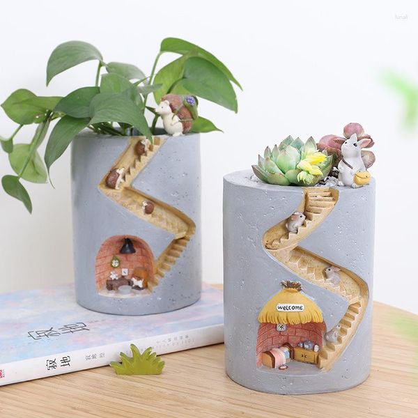 Vazolar Hedgehog Reçine Etli Flowerpot Yaratıcı Ofis Mikro-Landscape Hidroponik Çiçek Masaüstü Saksı Kalem Tutucu Dekorasyonu