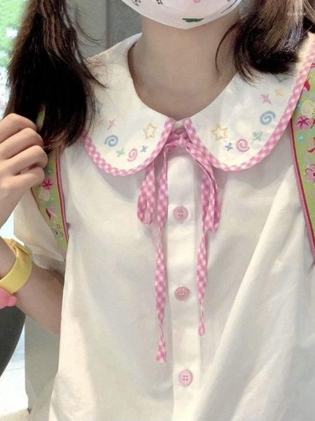Blusas Femininas Kawaii Menina Estilo Preppy Camisa Fêmea Gola Boneca Bordada Blusa Branca Feminina Japonês Sweet Camisas Laço Tops Femme