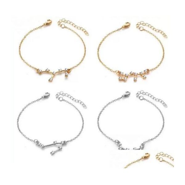 Charm Armbänder 12 Horoskop Zirkon Sternzeichen Armband Gold Sier Sternbilder für Frauen Schmuck mit Geschenkkarten Großhandel Drop De Dhm0V