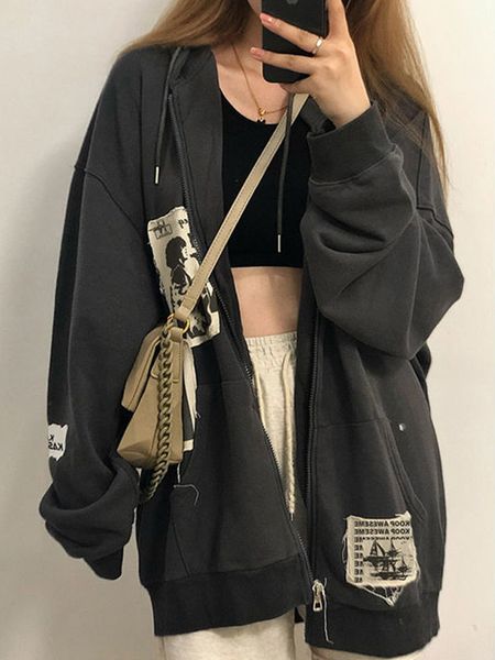 Moletons femininos com capuz HOUZHOU Grunge Gótico Oversized Cinza Moletom E Girl Patchwork Preto Moletons Estilo Vintage dos anos 90 Outono Crop Tops com Zíper 230721